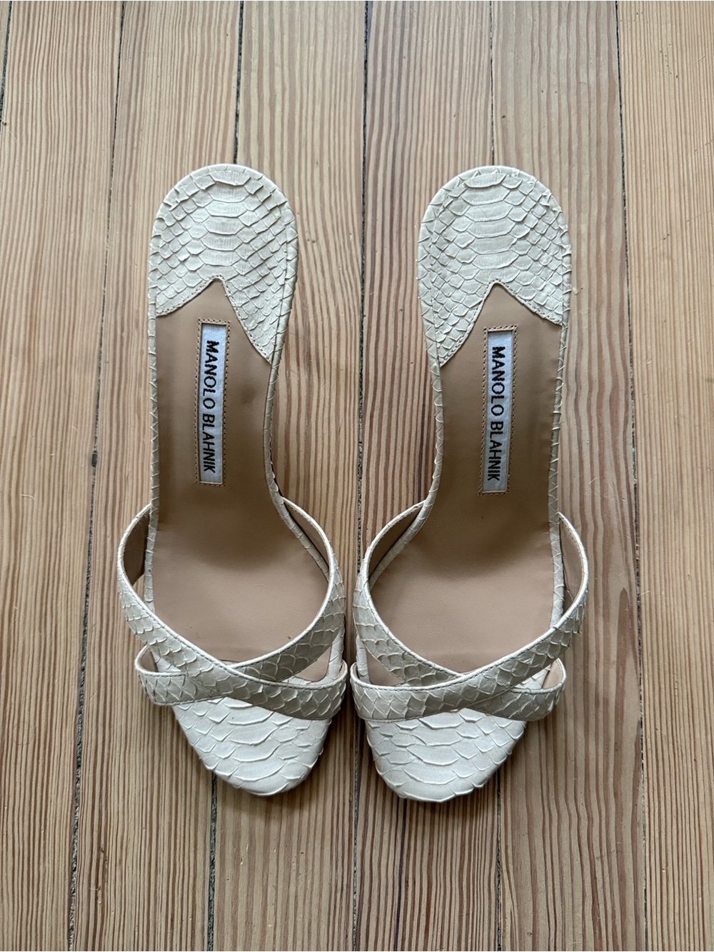 Manolo Blahnik Cream Snake-Textured Slide Sandals